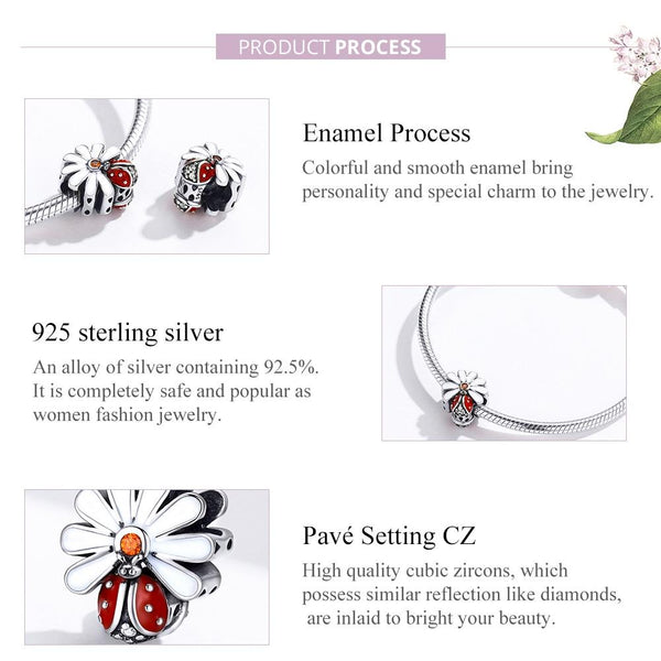 Ladybird Ladybug Flower Sterling Silver CZ Bead Charm Pendant Bracelet Necklace