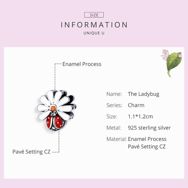 Ladybird Ladybug Flower Sterling Silver CZ Bead Charm Pendant Bracelet Necklace