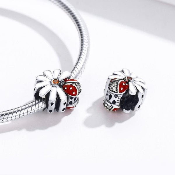 Ladybird Ladybug Flower Sterling Silver CZ Bead Charm Pendant Bracelet Necklace