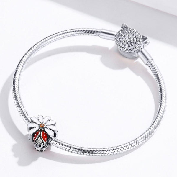 Ladybird Ladybug Flower Sterling Silver CZ Bead Charm Pendant Bracelet Necklace