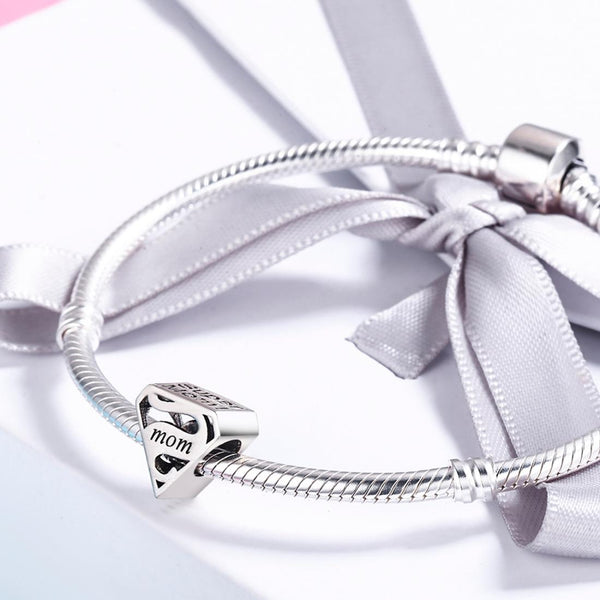 Super Mom Sterling Silver Bead Charm Bracelet Necklace