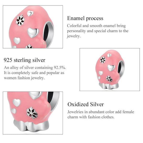Pink Mitten Glove Enamel Sterling Silver Bead Charm Bracelet Necklace