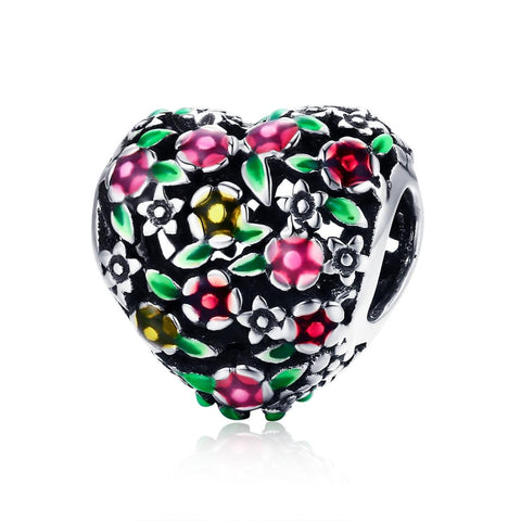Floral Heart Enamel Sterling Silver Bead Charm Bracelet Necklace