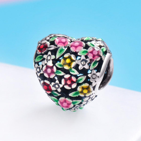 Floral Heart Enamel Sterling Silver Bead Charm Bracelet Necklace