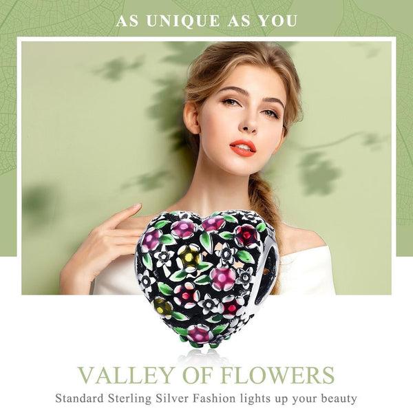Floral Heart Enamel Sterling Silver Bead Charm Bracelet Necklace