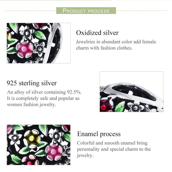 Floral Heart Enamel Sterling Silver Bead Charm Bracelet Necklace