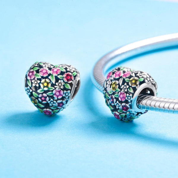 Floral Heart Enamel Sterling Silver Bead Charm Bracelet Necklace