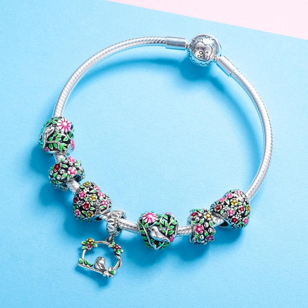 Floral Heart Enamel Sterling Silver Bead Charm Bracelet Necklace