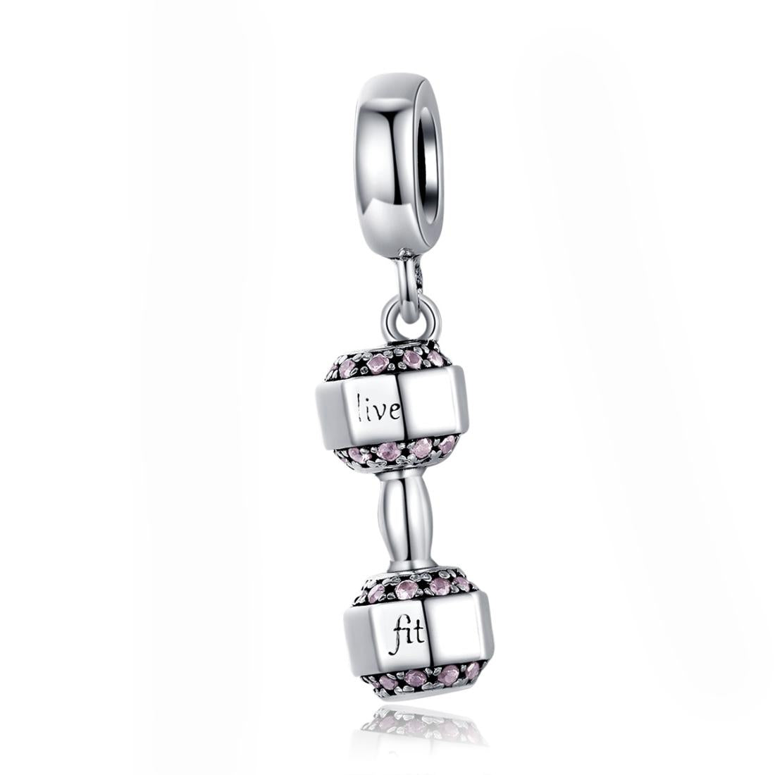 Live Fit Dumbell Sterling Silver Zircon CZ Bead Charm Pendant Bracelet Necklace