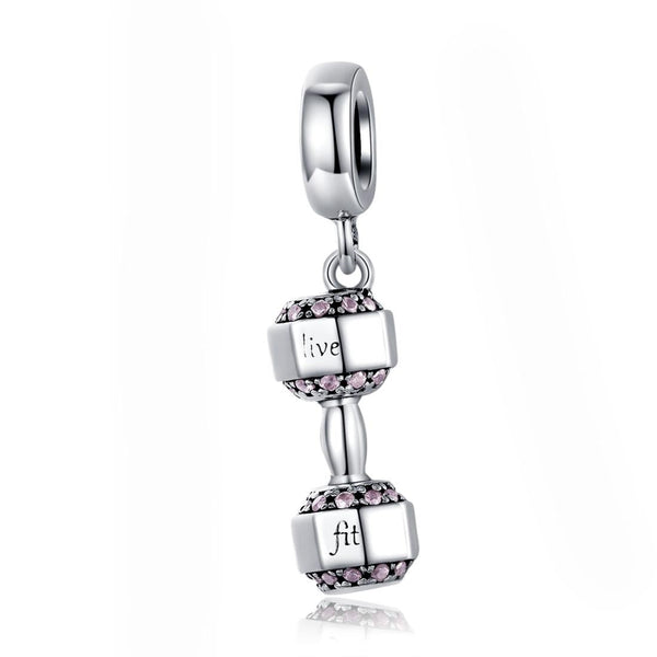 Live Fit Dumbell Sterling Silver Zircon CZ Bead Charm Pendant Bracelet Necklace