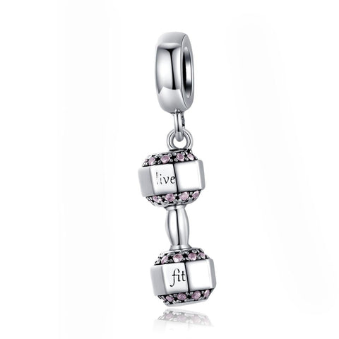 Live Fit Dumbell Sterling Silver Zircon CZ Bead Charm Pendant Bracelet Necklace