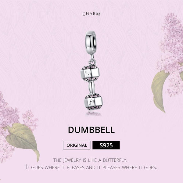 Live Fit Dumbell Sterling Silver Zircon CZ Bead Charm Pendant Bracelet Necklace