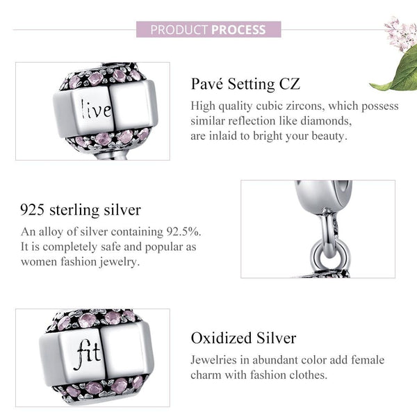 Live Fit Dumbell Sterling Silver Zircon CZ Bead Charm Pendant Bracelet Necklace