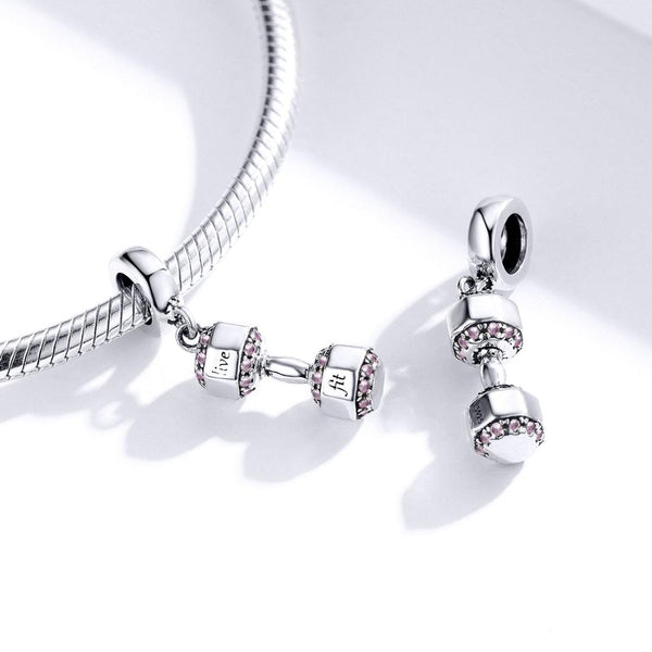 Live Fit Dumbell Sterling Silver Zircon CZ Bead Charm Pendant Bracelet Necklace