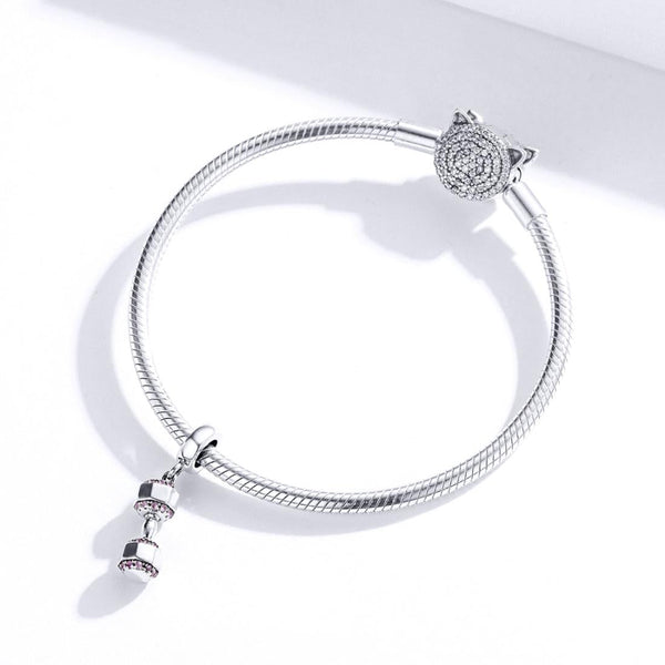 Live Fit Dumbell Sterling Silver Zircon CZ Bead Charm Pendant Bracelet Necklace