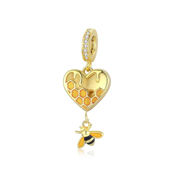 Bee Honeycomb Heart Enamel Sterling Silver Zircon CZ Bead Charm Bracelet Necklace