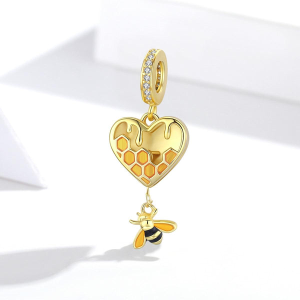 Bee Honeycomb Heart Enamel Sterling Silver Zircon CZ Bead Charm Bracelet Necklace