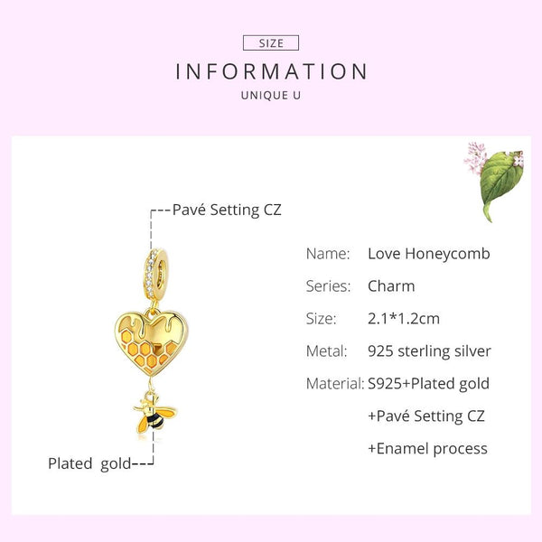 Bee Honeycomb Heart Enamel Sterling Silver Zircon CZ Bead Charm Bracelet Necklace