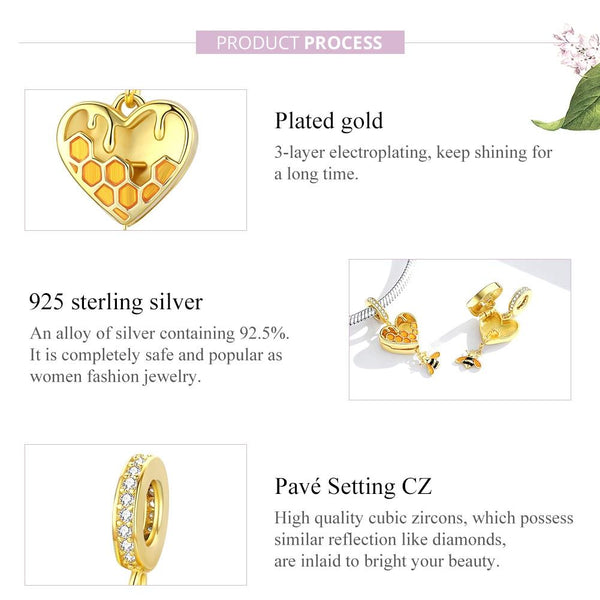 Bee Honeycomb Heart Enamel Sterling Silver Zircon CZ Bead Charm Bracelet Necklace