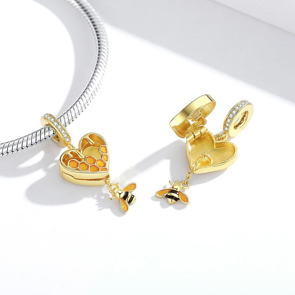 Bee Honeycomb Heart Enamel Sterling Silver Zircon CZ Bead Charm Bracelet Necklace