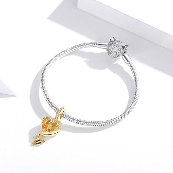 Bee Honeycomb Heart Enamel Sterling Silver Zircon CZ Bead Charm Bracelet Necklace
