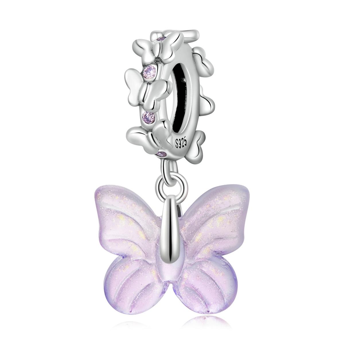 Purple Glass Btterfly Sterling Silver CZ Bead Charm Pendant Bracelet Necklace