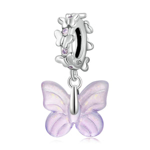 Purple Glass Btterfly Sterling Silver CZ Bead Charm Pendant Bracelet Necklace