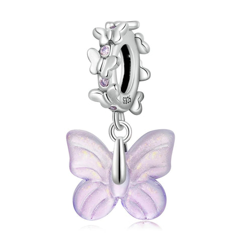 Purple Glass Btterfly Sterling Silver CZ Bead Charm Pendant Bracelet Necklace