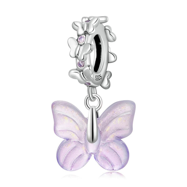 Purple Glass Btterfly Sterling Silver CZ Bead Charm Pendant Bracelet Necklace