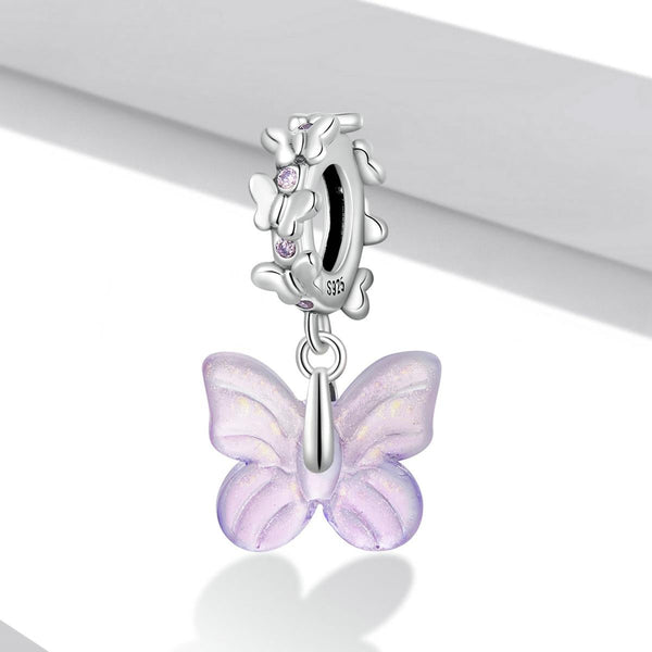 Purple Glass Btterfly Sterling Silver CZ Bead Charm Pendant Bracelet Necklace