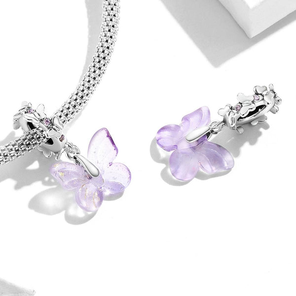 Purple Glass Btterfly Sterling Silver CZ Bead Charm Pendant Bracelet Necklace