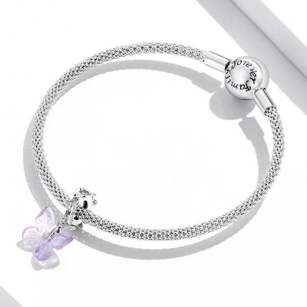 Purple Glass Btterfly Sterling Silver CZ Bead Charm Pendant Bracelet Necklace