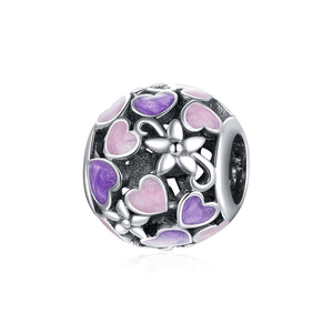 Pink Purple Flowers Hearts Enamel Sterling Silver Spacer Bead Charm Bracelet