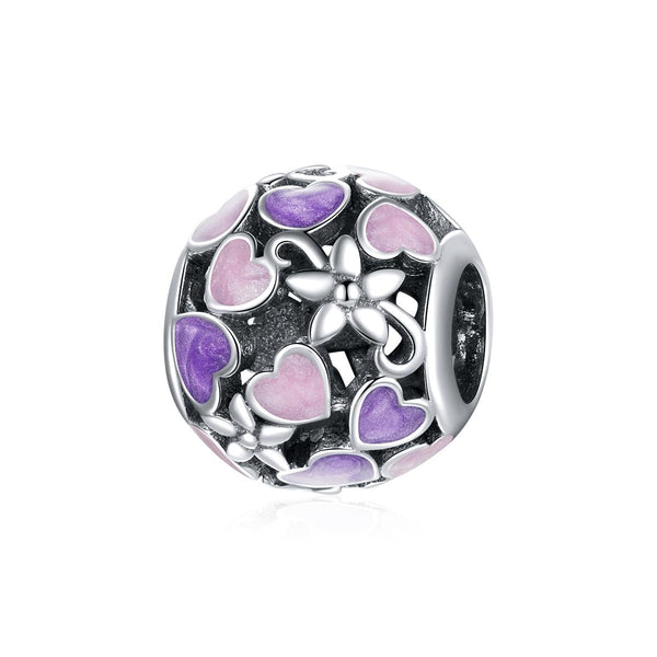 Pink Purple Flowers Hearts Enamel Sterling Silver Spacer Bead Charm Bracelet