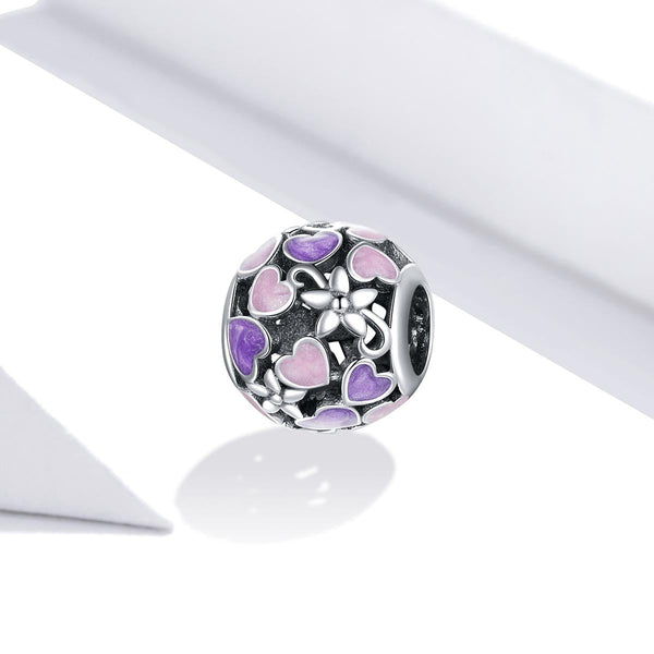 Pink Purple Flowers Hearts Enamel Sterling Silver Spacer Bead Charm Bracelet