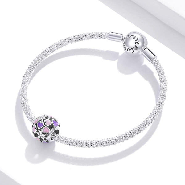 Pink Purple Flowers Hearts Enamel Sterling Silver Spacer Bead Charm Bracelet
