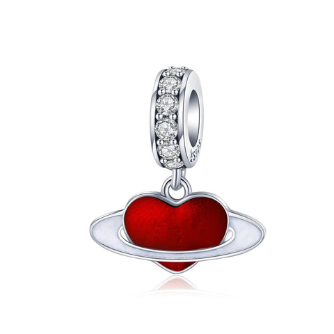 Red Love Heart Planet Enamel Sterling Silver CZ Bead Charm Bracelet Necklace