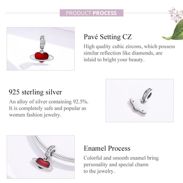 Red Love Heart Planet Enamel Sterling Silver CZ Bead Charm Bracelet Necklace