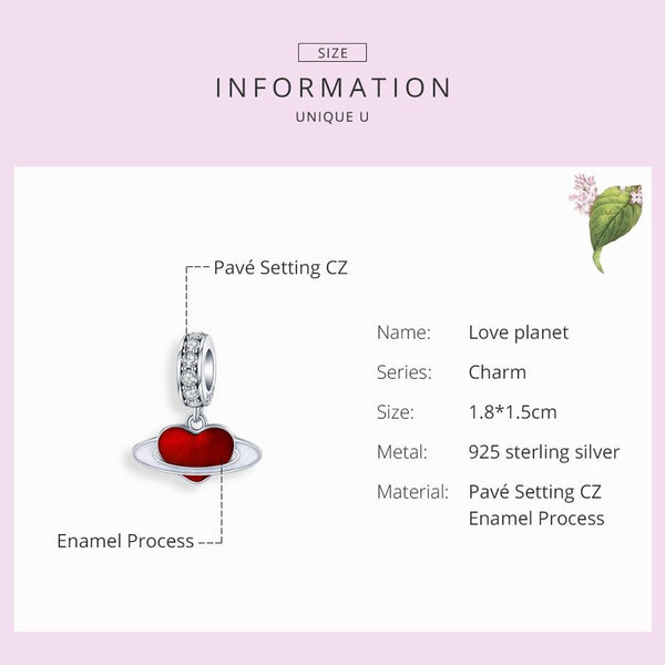 Red Love Heart Planet Enamel Sterling Silver CZ Bead Charm Bracelet Necklace