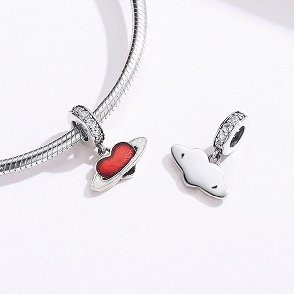 Red Love Heart Planet Enamel Sterling Silver CZ Bead Charm Bracelet Necklace