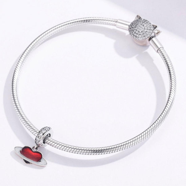 Red Love Heart Planet Enamel Sterling Silver CZ Bead Charm Bracelet Necklace