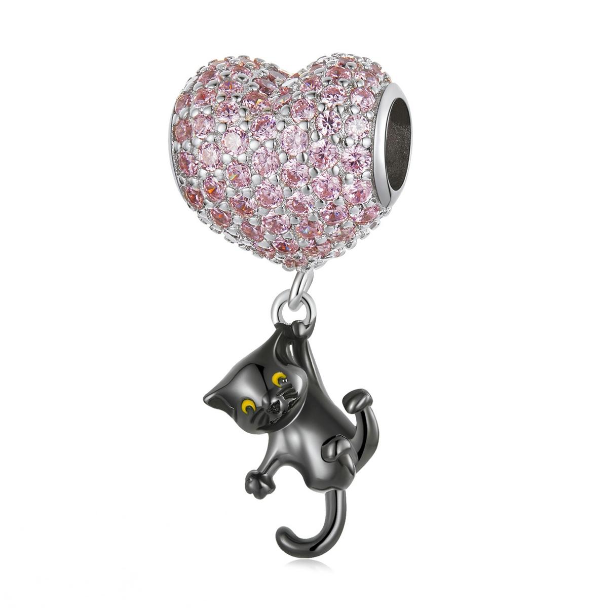 Black Cat Heart Balloon Sterling Silver Zircon CZ Bead Charm Bracelet Necklace