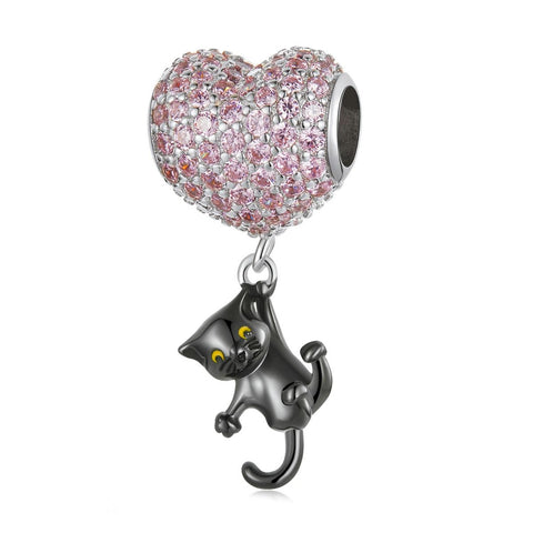 Black Cat Heart Balloon Sterling Silver Zircon CZ Bead Charm Bracelet Necklace