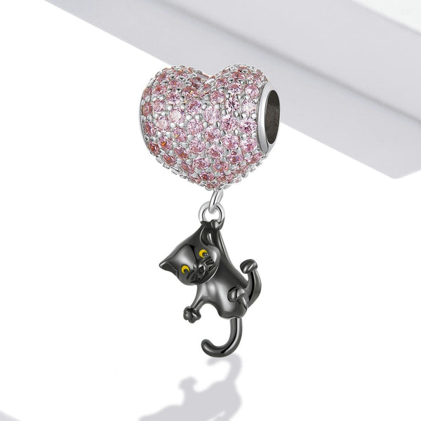 Black Cat Heart Balloon Sterling Silver Zircon CZ Bead Charm Bracelet Necklace