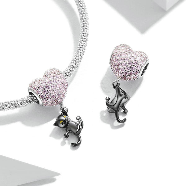 Black Cat Heart Balloon Sterling Silver Zircon CZ Bead Charm Bracelet Necklace