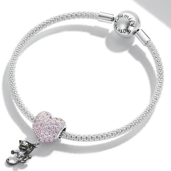 Black Cat Heart Balloon Sterling Silver Zircon CZ Bead Charm Bracelet Necklace