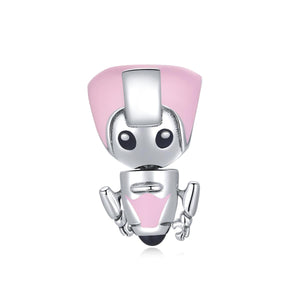 Pink Girl Enamel Robot Sterling Silver Bead Charm Bracelet Necklace
