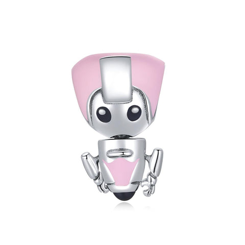 Pink Girl Enamel Robot Sterling Silver Bead Charm Bracelet Necklace