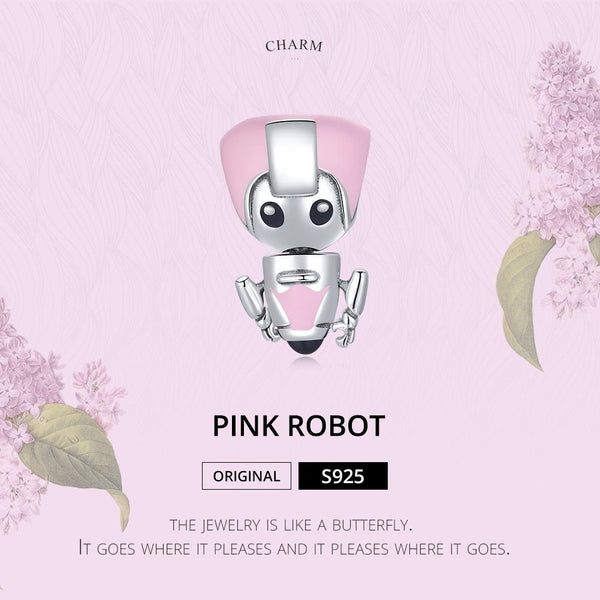 Pink Girl Enamel Robot Sterling Silver Bead Charm Bracelet Necklace