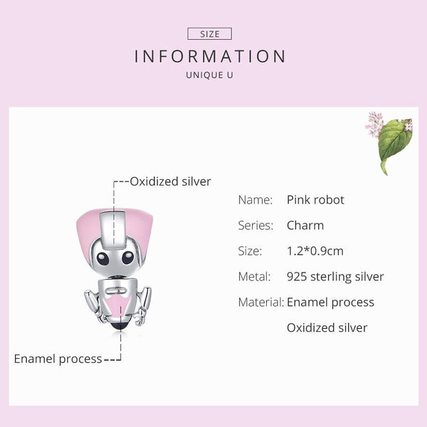Pink Girl Enamel Robot Sterling Silver Bead Charm Bracelet Necklace